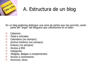 A. Estructura de un blog En un blog podemos distinguir una serie de partes que nos servirán, serán parte del “argot” del bloguero que utilizaremos en el taller: Cabecera. Posts  o entradas Calendario (no siempre) Archivo histórico (no siempre) Enlaces (no siempre) Acceso a RSS Categorías Widgets, Badges o complementos Acceso a comentarios Anuncios, otros. 
