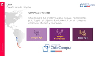 COMPRAS EFICIENTES
Chilecompra ha implementado nuevas herramientas
para lograr el objetivo fundamental de las compras:
eficiencia, eficacia y economía.
CHILE
Plataformas de difusión
 