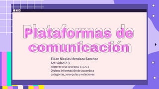 Plataformas de
comunicacion
Eidan Nicolas Mendoza Sanchez
Actividad 2.3
COMPETENCIA GENÉRICA: C.G.5.2
Ordena información de acuerdo a
categorías, jerarquías y relaciones
 