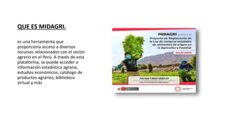 QUE ES MIDAGRI.
es una herramienta que
proporciona acceso a diversos
recursos relacionados con el sector
agrario en el Perú. A través de esta
plataforma, se puede acceder a
información estadística agraria,
estudios económicos, catálogo de
productos agrarios, biblioteca
virtual y más
 