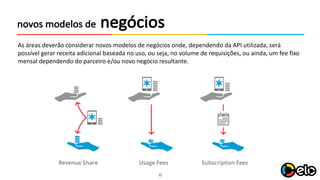 12
negóciosnovos modelos	de
As	áreas deverão considerar novos modelos	de	negócios onde,	dependendo da	API	utilizada,	será
possível gerar receita adicional baseada no uso,	ou	seja,	no volume de	requisições,	ou	ainda,	um fee fixo
mensal dependendo do	parceiro e/ou	novo negócio resultante.
 