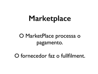 Marketplace
O MarketPlace processa o
pagamento.
O fornecedor faz o fullﬁlment.
 