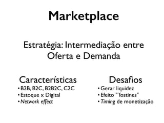 Marketplace
Estratégia: Intermediação entre
Oferta e Demanda
Características
•B2B, B2C, B2B2C, C2C
•Estoque x Digital
•Network effect
Desaﬁos
• Gerar liquidez
• Efeito "Tostines"
• Timing de monetização
 