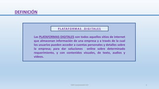 DEFINICIÓN
P L ATA F O R M A S D I G I TA L E S
Las PLATAFORMAS DIGITALES son todos aquellos sitios de internet
que almacenan información de una empresa y a través de la cual
los usuarios pueden acceder a cuentas personales y detalles sobre
la empresa; para dar soluciones online sobre determinado
requerimiento, y con contenidos visuales, de texto, audios y
vídeos.
SJM Computación 4.0 5
 