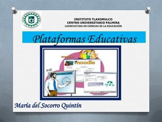 Plataformas Educativas
INSTITUTO TLAXOMULCO
CENTRO UNIVERSITARIO PALMIRA
LICENCIATURA EN CIENCIAS DE LA EDUCACIÓN
María del Socorro Quintín
 