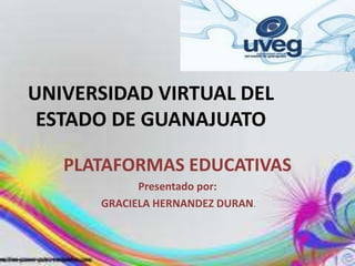 UNIVERSIDAD VIRTUAL DEL
ESTADO DE GUANAJUATO
PLATAFORMAS EDUCATIVAS
Presentado por:
GRACIELA HERNANDEZ DURAN.
 