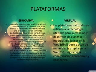 PLATAFORMAS
EDUCATIVA
• es una herramienta ya sea física, virtual
o una combinación físico-virtual, que
brinda la capacidad de interactuar con
uno o varios usuarios con fines
pedagógicos. Además, se considera un
proceso que contribuye a la evolución
de los procesos de aprendizaje y
enseñanza, que complementa o
presenta alternativas en los procesos de
la educación tradicional (Rodríguez.
Diéguez. Saénz Barrio. “Tecnología
Educativa y Nuevas tecnologías
aplicadas a la educación”. Alcoy, Marfil).
• En la actualidad, la mayor parte de las
plataformas educativas son programas
computacionales (software) o equipos
electrónicos (hardware).
VIRTUAL
• Las plataformas virtuales se
refieren a la tecnología
utilizada para la creación y
desarrollo de cursos o
módulos didácticos en la
Web (sibal) que se usan de
manera más amplia en la
Web 2.0 mejora de la
comunicación aprendizaje y
enseñanza.
 