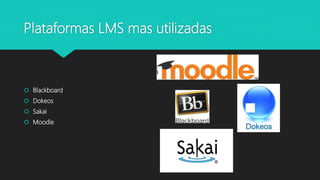 Plataformas LMS mas utilizadas
 Blackboard
 Dokeos
 Sakai
 Moodle
 