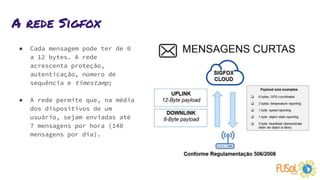 A rede Sigfox
● Cada mensagem pode ter de 0
a 12 bytes. A rede
acrescenta proteção,
autenticação, número de
sequência e timestamp;
● A rede permite que, na média
dos dispositivos de um
usuário, sejam enviadas até
7 mensagens por hora (140
mensagens por dia).
 