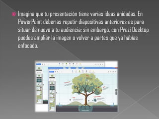    Imagina que tu presentación tiene varias ideas anidadas. En
    PowerPoint deberías repetir diapositivas anteriores es para
    situar de nuevo a tu audiencia; sin embargo, con Prezi Desktop
    puedes ampliar la imagen o volver a partes que ya habías
    enfocado.
 