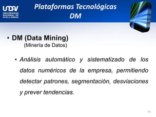 Plataformas Tecnológicas
DM
• DM (Data Mining)
(Minería de Datos)
• Análisis automático y sistematizado de los
datos numéricos de la empresa, permitiendo
detectar patrones, segmentación, desviaciones
y prever tendencias.
30
 