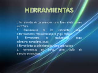 HERRAMIENTAS1. Herramientas de comunicación, como foros, chats, correo electrónico.2. Herramientas de los estudiantes, como autoevaluaciones, zonas de trabajo en grupo, perfiles.3. Herramientas de productividad, como calendario, marcadores, ayuda.4. Herramientas de administración, como autorización.5. Herramientas del curso, como tablón de anuncios, evaluaciones.