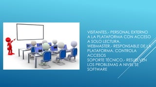 VISITANTES.- PERSONAL EXTERNO
A LA PLATAFORMA CON ACCESO
A SOLO LECTURA.
WEBMASTER.- RESPONSABLE DE LA
PLATAFORMA. CONTROLA
ACCESOS
SOPORTE TÉCNICO.- RESUELVEN
LOS PROBLEMAS A NIVEL SE
SOFTWARE
 