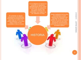 Con la llegada de Internet se
                                   produce un importante
                                abaratamiento de los costos
                                de desarrollo de programas,
                                   por lo que resulta más
                                   sencilla la creación de
                                materiales cuyo objetivo es




                                                                                                   21/03/2013
                                   ser utilizados en línea
                                                                Desde mediados de los años
   Sin embargo se siguen                                            90 empiezan a surgir
 necesitando conocimientos                                       plataformas didácticas que
avanzados de programación                                          permiten la creación y la
  para crear un curso o un                                      gestión de cursos completos
módulo didáctico, y por tanto                                     para la web sin que sean




                                                                                                   JOFFRE GERMAN
    estos cursos no son                                           necesarios conocimientos
accesibles a todo el mundo                                      profundos de programación o
                                                                      de diseño gráfico.




                                  HISTORIA




                                                                                               3
 