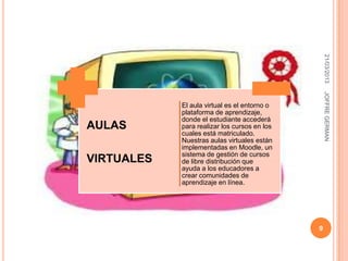 21/03/2013
                                                  JOFFRE GERMAN
            El aula virtual es el entorno o
            plataforma de aprendizaje,
            donde el estudiante accederá
AULAS       para realizar los cursos en los
            cuales está matriculado.
            Nuestras aulas virtuales están
            implementadas en Moodle, un
            sistema de gestión de cursos
VIRTUALES   de libre distribución que
            ayuda a los educadores a
            crear comunidades de
            aprendizaje en línea.




                                              9
 