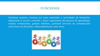 FUNCIONES
Gestionar usuarios, recursos así como materiales y actividades de formación,
administrar el acceso, controlar y hacer seguimiento del proceso de aprendizaje,
realizar evaluaciones, generar informes, gestionar servicios de comunicación
como foros de discusión, videoconferencias, entre otros.
 