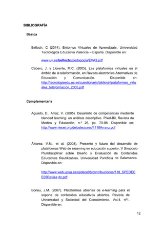 12
BIBLIOGRAFÌA
Básica
Belloch, C (2014), Entornos Virtuales de Aprendizaje, Universidad
Tecnológica Educativa Valencia – España. Disponible en:
www.uv.es/bellochc/pedagogia/EVA3.pdf
Cabero, J. y Llorente, M.C. (2005). Las plataformas virtuales en el
ámbito de la teleformación, en Revista electrónica Alternativas de
Educación y Comunicación. Disponible en:
http://tecnologiaedu.us.es/cuestionario/bibliovir/plataformas_virtu
ales_teleformacion_2005.pdf
Complementaria
Aguado, D., Arraz, V. (2005). Desarrollo de competencias mediante
blended learning: un análisis descriptivo. Píxel-Bit, Revista de
Medios y Educación, n.º 26, pp. 79-88. Disponible en:
http://www.rieoei.org/deloslectores/1118Arranz.pdf
Álvarez, V.M., et al. (2008). Presente y futuro del desarrollo de
plataformas Web de elearning en educación superior. V Simposio
Pluridisciplinar sobre Diseño y Evaluación de Contenidos
Educativos Reutilizables. Universidad Pontificia de Salamanca.
Disponible en:
http://www.web.upsa.es/spdece08/contribuciones/118_SPEDEC
E08Revisa do.pdf
Boneu, J.M. (2007). Plataformas abiertas de e-learning para el
soporte de contenidos educativos abiertos. Revista de
Universidad y Sociedad del Conocimiento, Vol.4, nº1.
Disponible en:
 