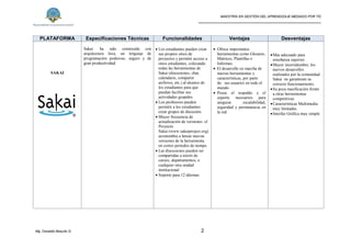 MAESTRÍA EN GESTIÓN DEL APRENDIZAJE MEDIADO POR TIC
_____________________________________________________
Mg. Oswaldo Basurto G. 2
PLATAFORMA Especificaciones Técnicas Funcionalidades Ventajas Desventajas
SAKAI
Sakai ha sido construida con
arquitectura Java, un lenguaje de
programación poderoso, seguro y de
gran productividad.
 Los estudiantes pueden crear
sus propios sitios de
proyectos y permitir acceso a
otros estudiantes, colocando
todas las herramientas de
Sakai (discusiones, chat,
calendario, compartir
archivos, etc.) al alcance de
los estudiantes para que
puedan facilitar sus
actividades grupales.
 Los profesores pueden
permitir a los estudiantes
crear grupos de discusión.
 Mayor frecuencia de
actualización de versiones: el
Proyecto
Sakai (www.sakaiproject.org)
acostumbra a lanzar nuevas
versiones de la herramienta
en cortos periodos de tiempo.
 Las discusiones pueden ser
compartidas a través de
cursos, departamentos, o
cualquier otra unidad
institucional
 Soporte para 12 idiomas
 Ofrece importantes
herramientas como Glosario,
Matrices, Plantillas e
Informes.
 El desarrollo en marcha de
nuevas herramientas y
características, por parte
de sus usuarios en todo el
mundo.
 Posee el respaldo y el
soporte necesarios para
asegurar escalabilidad,
seguridad y permanencia en
la red
Más adecuado para
enseñanza superior
Mayor incertidumbre; los
nuevos desarrollos
realizados por la comunidad
Sakai no garantizan su
correcto funcionamiento.
Su poca masificación frente
a otras herramientas
competitivas.
Características Multimedia
muy limitadas.
Interfaz Gráfica muy simple
 