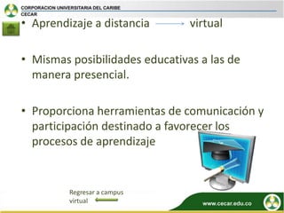 • Aprendizaje a distancia       virtual

• Mismas posibilidades educativas a las de
  manera presencial.

• Proporciona herramientas de comunicación y
  participación destinado a favorecer los
  procesos de aprendizaje


         Regresar a campus
         virtual
 