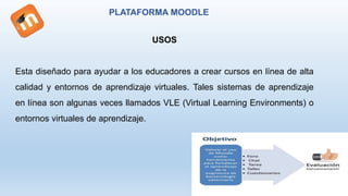 PLATAFORMA MOODLE
USOS
Esta diseñado para ayudar a los educadores a crear cursos en línea de alta
calidad y entornos de aprendizaje virtuales. Tales sistemas de aprendizaje
en línea son algunas veces llamados VLE (Virtual Learning Environments) o
entornos virtuales de aprendizaje.
 