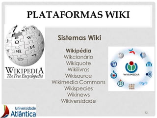 PLATAFORMAS WIKI

    Sistemas Wiki
        Wikipédia
        Wikcionário
        Wikiquote
         Wikilivros
        Wikisource
   Wikimedia Commons
        Wikispecies
         Wikinews
       Wikiversidade

                       12
 