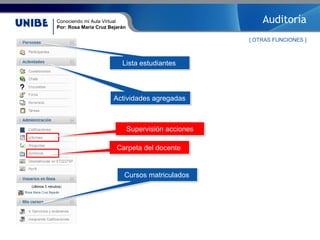 Conociendo mi Aula Virtual
Por: Rosa María Cruz Bejarán
Auditoría
[ OTRAS FUNCIONES ]
Lista estudiantes
Actividades agregadas
Cursos matriculados
Supervisión acciones
Carpeta del docente
 