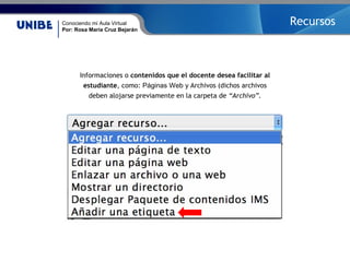 Conociendo mi Aula Virtual
Por: Rosa María Cruz Bejarán
Informaciones o contenidos que el docente desea facilitar al
estudiante, como: Páginas Web y Archivos (dichos archivos
deben alojarse previamente en la carpeta de “Archivo”.
Recursos
 