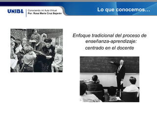 Conociendo mi Aula Virtual
Por: Rosa María Cruz Bejarán
Lo que conocemos…
Enfoque tradicional del proceso de
enseñanza-aprendizaje:
centrado en el docente
 