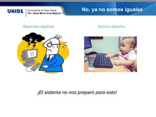 Conociendo mi Aula Virtual
Por: Rosa María Cruz Bejarán
No, ya no somos iguales
¡El sistema no nos preparó para esto!
Migrantes digitales Nativos digitales
 