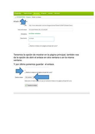 Tenemos la opción de mostrar en la página principal, también nos
da la opción de abrir el enlace en otra ventana o en la misma
ventana.
Y por último ponemos guardar el enlace.
 