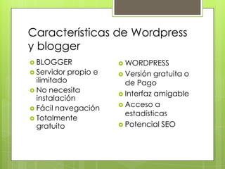 Características de Wordpress y blogger<br />BLOGGER<br />Servidor propio e ilimitado<br />No necesita instalación<br />Fác...