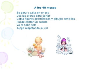 A los 15 mesesCamina solo y puede subir escalerasHace una torre con 3 cubos, una línea recta y mete objetos en una botellaPuede nombrar un objeto familiar Pide objetos apuntando con el dedoAbraza a los padres A los 18 mesesCorre tiesamenteSe sienta en una sillaExplora cajas y canastosHace una torre de 4 cubosSaca objeto de una botellaEs capaz de decir y recordar 10 palabrasPuede comer solo y pedir ayudaBesa  a los familiares 