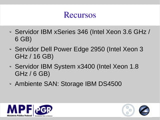 Recursos
Servidor IBM xSeries 346 (Intel Xeon 3.6 GHz /
6 GB)
Servidor Dell Power Edge 2950 (Intel Xeon 3
GHz / 16 GB)
Servidor IBM System x3400 (Intel Xeon 1.8
GHz / 6 GB)
Ambiente SAN: Storage IBM DS4500
 