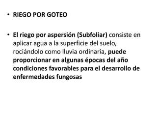 • RIEGO POR GOTEO
• El riego por aspersión (Subfoliar) consiste en
aplicar agua a la superficie del suelo,
rociándolo como lluvia ordinaria, puede
proporcionar en algunas épocas del año
condiciones favorables para el desarrollo de
enfermedades fungosas
 