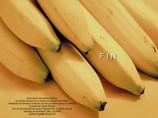 F I N Información de fuente anónima de amplia circulación en internet en diversos formatos. Reedición de formato e inserción de fotos de libre acceso en internet Coretsía de Carlos Rangel Con el reconocimiento a quien originalmente  lo lanzó a la red Santiago de Querétaro, Mex. Jul.2008 [email_address] 