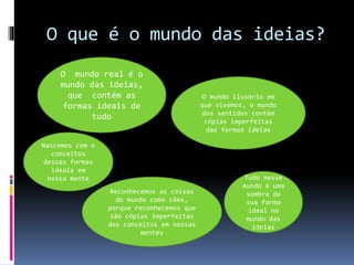 O que é o mundo das ideias?
O mundo real é o
mundo das ideias,
que contém as
formas ideais de
tudo
Nascemos com o
conceitos
dessas formas
ideais em
nossa mente Tudo nesse
mundo é uma
sombra de
sua forma
ideal no
mundo das
ideias
Reconhecemos as coisas
do mundo como cães,
porque reconhecemos que
são cópias imperfeitas
dos conceitos em nossas
mentes
O mundo ilusório em
que vivemos, o mundo
dos sentidos contém
cópias imperfeitas
das formas ideias
 