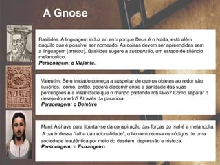 Basilides: A linguagem induz ao erro porque Deus é o Nada, está além
daquilo que é possível ser nomeado. As coisas devem ser apreendidas sem
a linguagem (arretos). Basilides sugere a suspensão, um estado de silêncio
melancólico.
Personagem: o Viajante.
Valentim: Se o iniciado começa a suspeitar de que os objetos ao redor são
ilusórios, como, então, poderá discernir entre a sanidade das suas
percepções e a insanidade que o mundo pretende rotulá-lo? Como separar o
desejo do medo? Através da paranoia.
Personagem: o Detetive
Mani: A chave para libertar-se da conspiração das forças do mal é a melancolia.
A partir dessa “falha da racionalidade”, o homem recusa os códigos de uma
sociedade inautêntica por meio do desdém, depressão e tristeza.
Personagem: o Estrangeiro
A Gnose
 