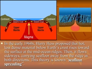 In the early 1960s, Harry Hess proposed that hot, less dense material below Earth’s crust rises toward the surface at the mid-ocean ridges. Then, it flows sideways, carrying seafloor away from the ridge in both directions. This theory is known “ seafloor spreading ”. 