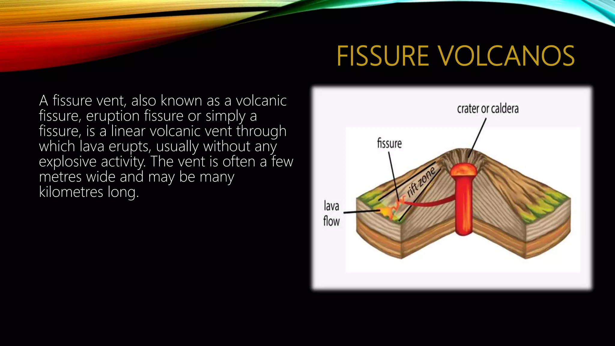 FISSURE VOLCANOS
A fissure vent, also known as a volcanic
fissure, eruption fissure or simply a
fissure, is a linear volcanic vent through
which lava erupts, usually without any
explosive activity. The vent is often a few
metres wide and may be many
kilometres long.
 