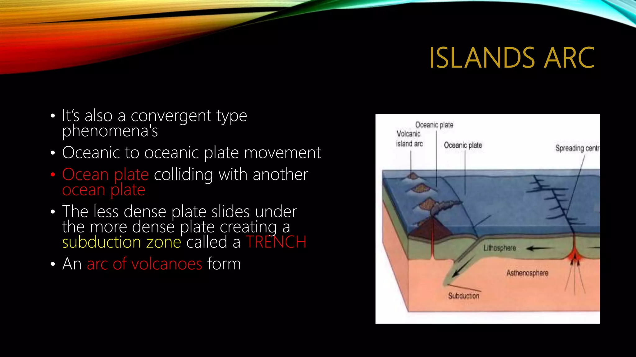 ISLANDS ARC
• It’s also a convergent type
phenomena's
• Oceanic to oceanic plate movement
• Ocean plate colliding with another
ocean plate
• The less dense plate slides under
the more dense plate creating a
subduction zone called a TRENCH
• An arc of volcanoes form
 
