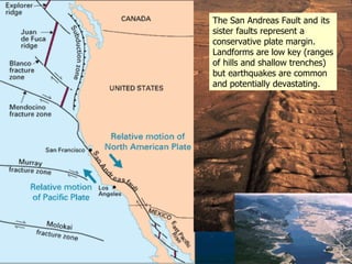 The San Andreas Fault and its sister faults represent a conservative plate margin. Landforms are low key (ranges of hills and shallow trenches)  but earthquakes are common and potentially devastating. 