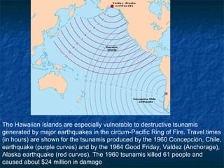 The Hawaiian Islands are especially vulnerable to destructive tsunamis generated by major earthquakes in the circum-Pacific Ring of Fire. Travel times (in hours) are shown for the tsunamis produced by the 1960 Concepción, Chile, earthquake (purple curves) and by the 1964 Good Friday, Valdez (Anchorage), Alaska earthquake (red curves). The 1960 tsunamis killed 61 people and caused about $24 million in damage 