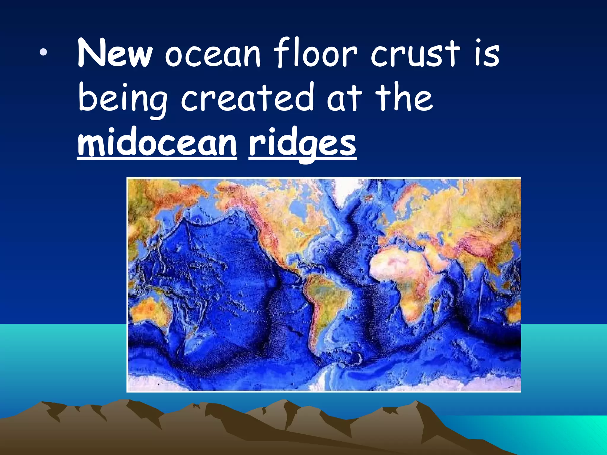 • New ocean floor crust is
being created at the
midocean ridges
 