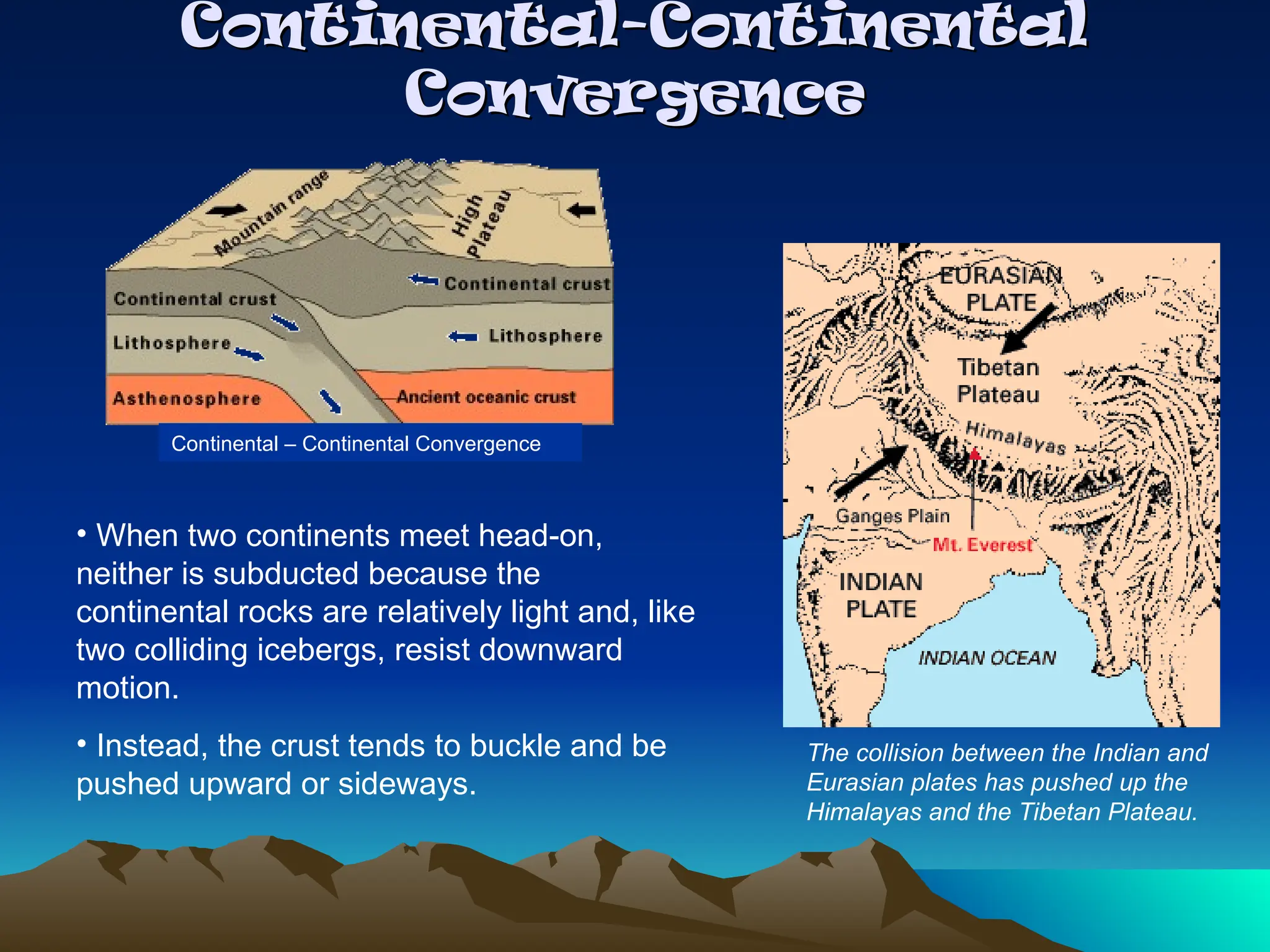 Continental-Continental
Continental-Continental
Convergence
Convergence
Continental – Continental Convergence
• When two continents meet head-on,
neither is subducted because the
continental rocks are relatively light and, like
two colliding icebergs, resist downward
motion.
• Instead, the crust tends to buckle and be
pushed upward or sideways.
The collision between the Indian and
Eurasian plates has pushed up the
Himalayas and the Tibetan Plateau.
 
