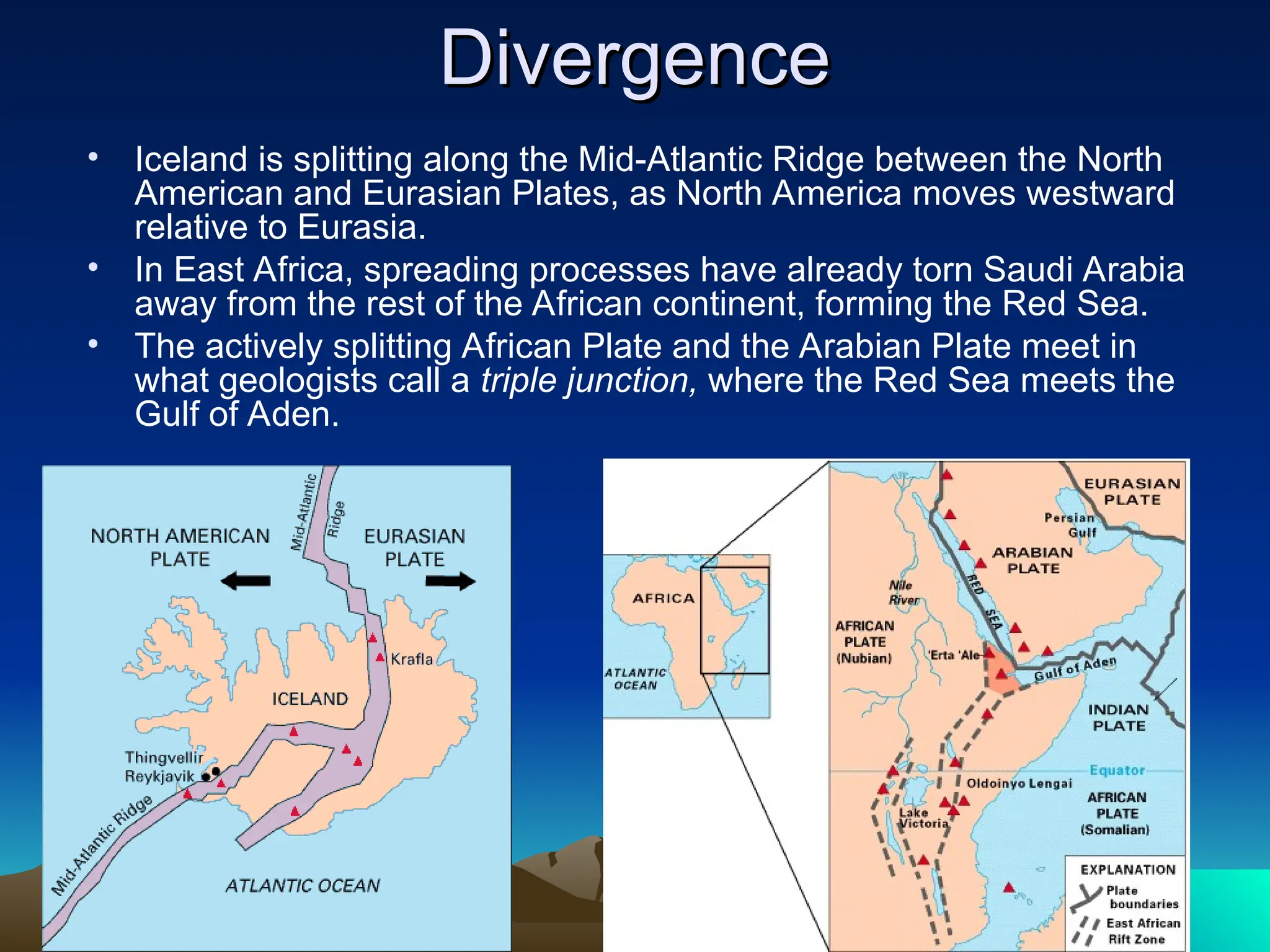 Divergence
Divergence
• Iceland is splitting along the Mid-Atlantic Ridge between the North
American and Eurasian Plates, as North America moves westward
relative to Eurasia.
• In East Africa, spreading processes have already torn Saudi Arabia
away from the rest of the African continent, forming the Red Sea.
• The actively splitting African Plate and the Arabian Plate meet in
what geologists call a triple junction, where the Red Sea meets the
Gulf of Aden.
 