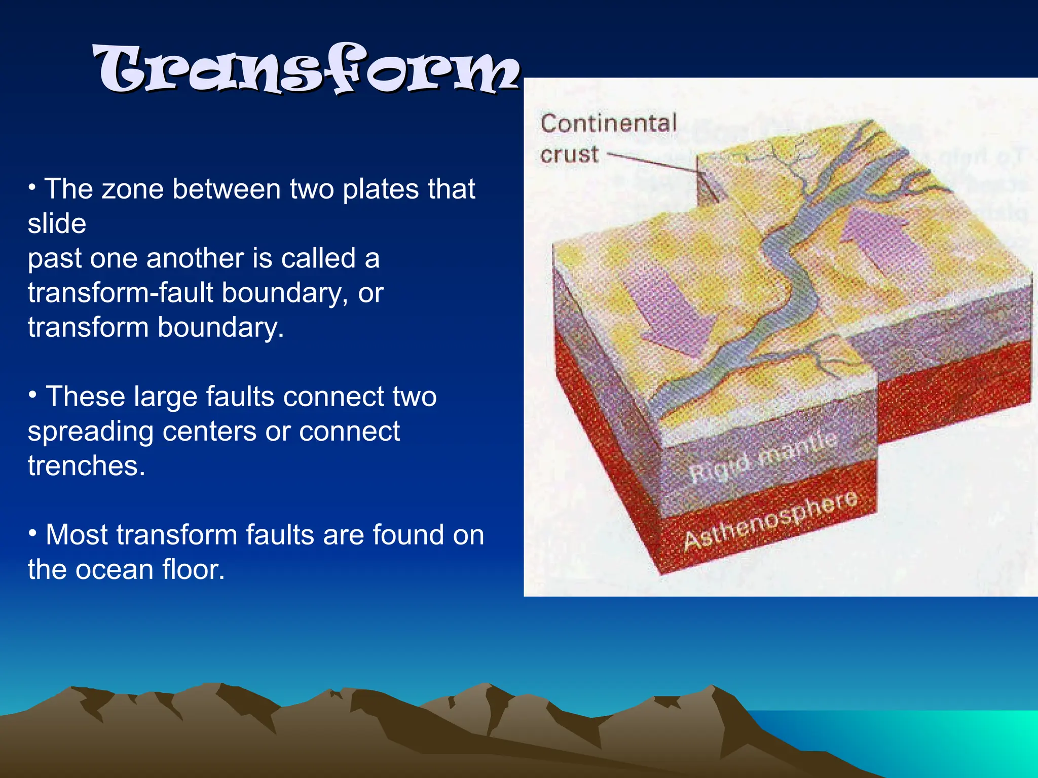 Transform
Transform
• The zone between two plates that
slide
past one another is called a
transform-fault boundary, or
transform boundary.
• These large faults connect two
spreading centers or connect
trenches.
• Most transform faults are found on
the ocean floor.
 