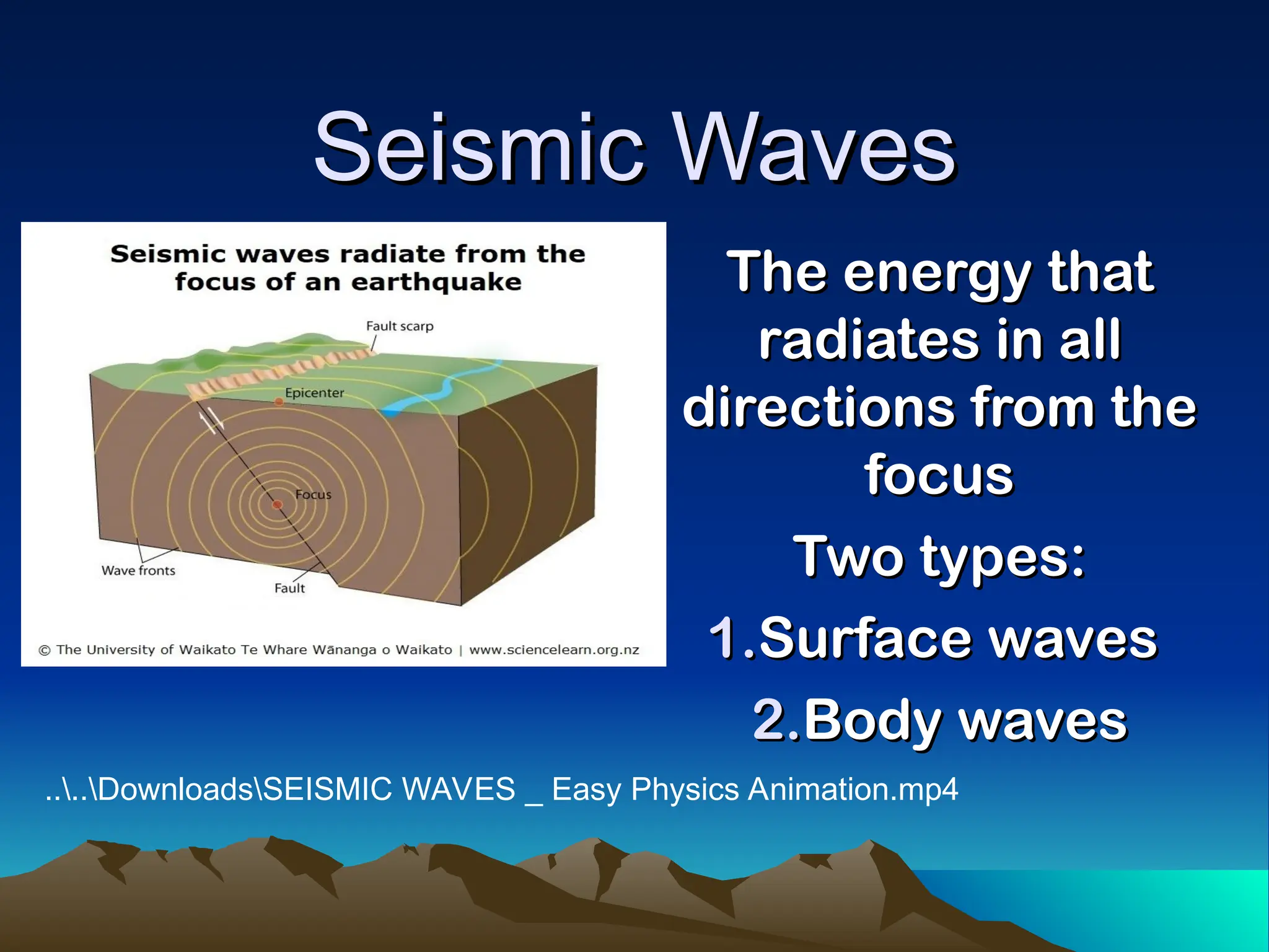 Seismic Waves
Seismic Waves
The energy that
The energy that
radiates in all
radiates in all
directions from the
directions from the
focus
focus
Two types:
Two types:
1.
1.Surface waves
Surface waves
2.
2.Body waves
Body waves
....DownloadsSEISMIC WAVES _ Easy Physics Animation.mp4
 