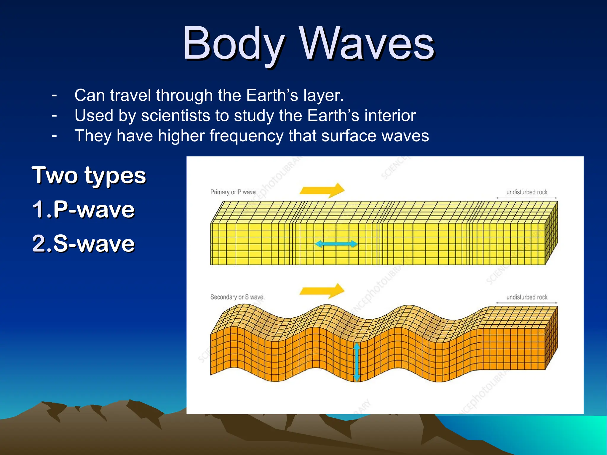 Body Waves
Body Waves
Two types
Two types
1.
1.P-wave
P-wave
2.
2.S-wave
S-wave
- Can travel through the Earth’s layer.
- Used by scientists to study the Earth’s interior
- They have higher frequency that surface waves
 