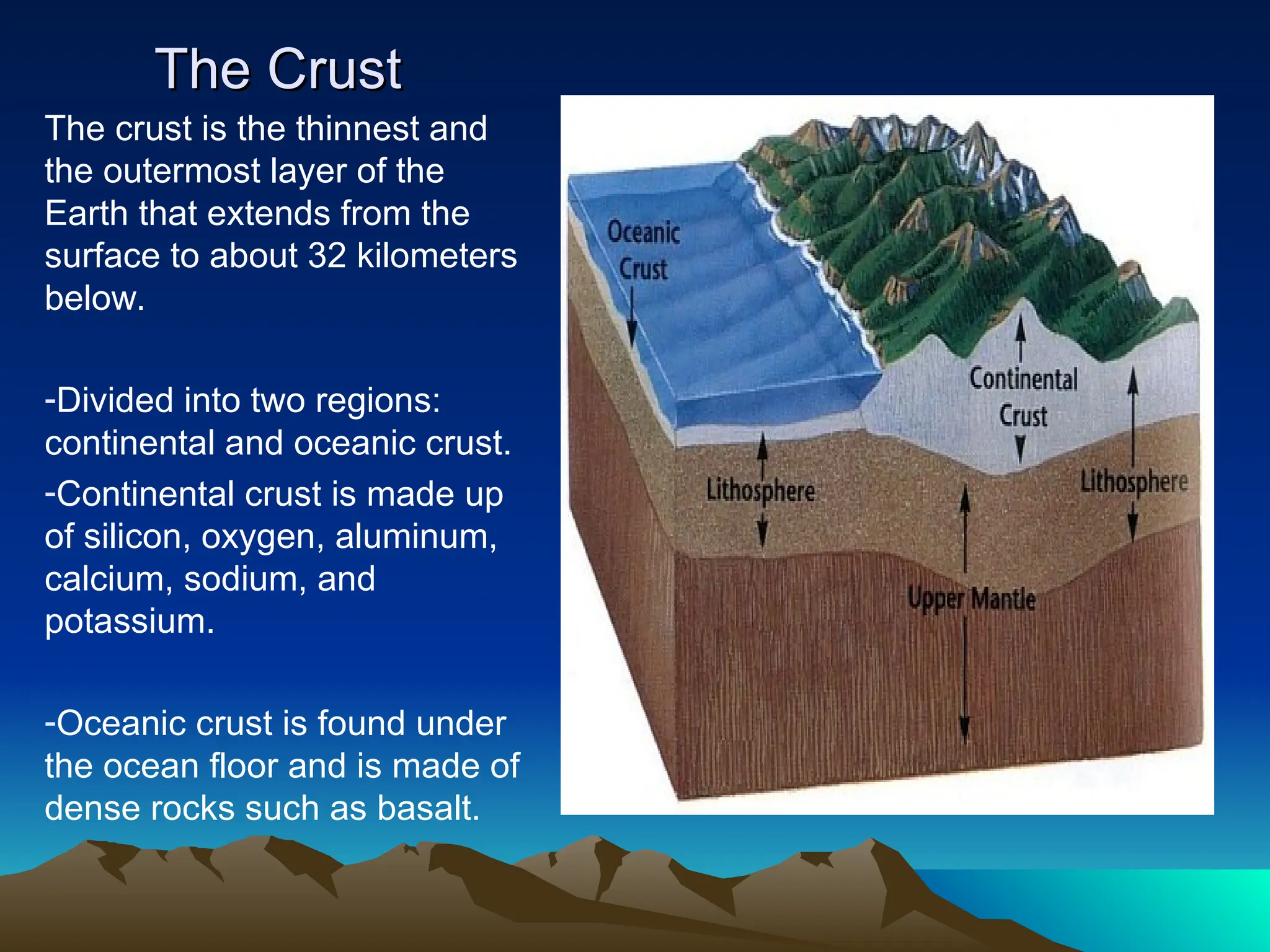 The Crust
The Crust
The crust is the thinnest and
the outermost layer of the
Earth that extends from the
surface to about 32 kilometers
below.
-Divided into two regions:
continental and oceanic crust.
-Continental crust is made up
of silicon, oxygen, aluminum,
calcium, sodium, and
potassium.
-Oceanic crust is found under
the ocean floor and is made of
dense rocks such as basalt.
 