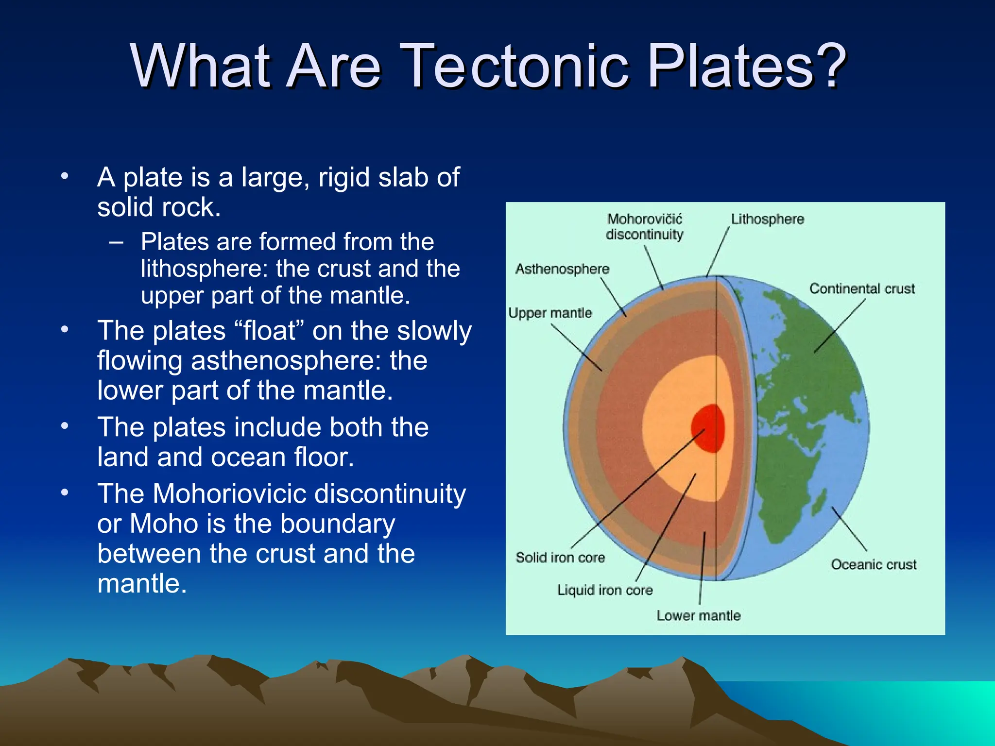 What Are Tectonic Plates?
What Are Tectonic Plates?
• A plate is a large, rigid slab of
solid rock.
– Plates are formed from the
lithosphere: the crust and the
upper part of the mantle.
• The plates “float” on the slowly
flowing asthenosphere: the
lower part of the mantle.
• The plates include both the
land and ocean floor.
• The Mohoriovicic discontinuity
or Moho is the boundary
between the crust and the
mantle.
 
